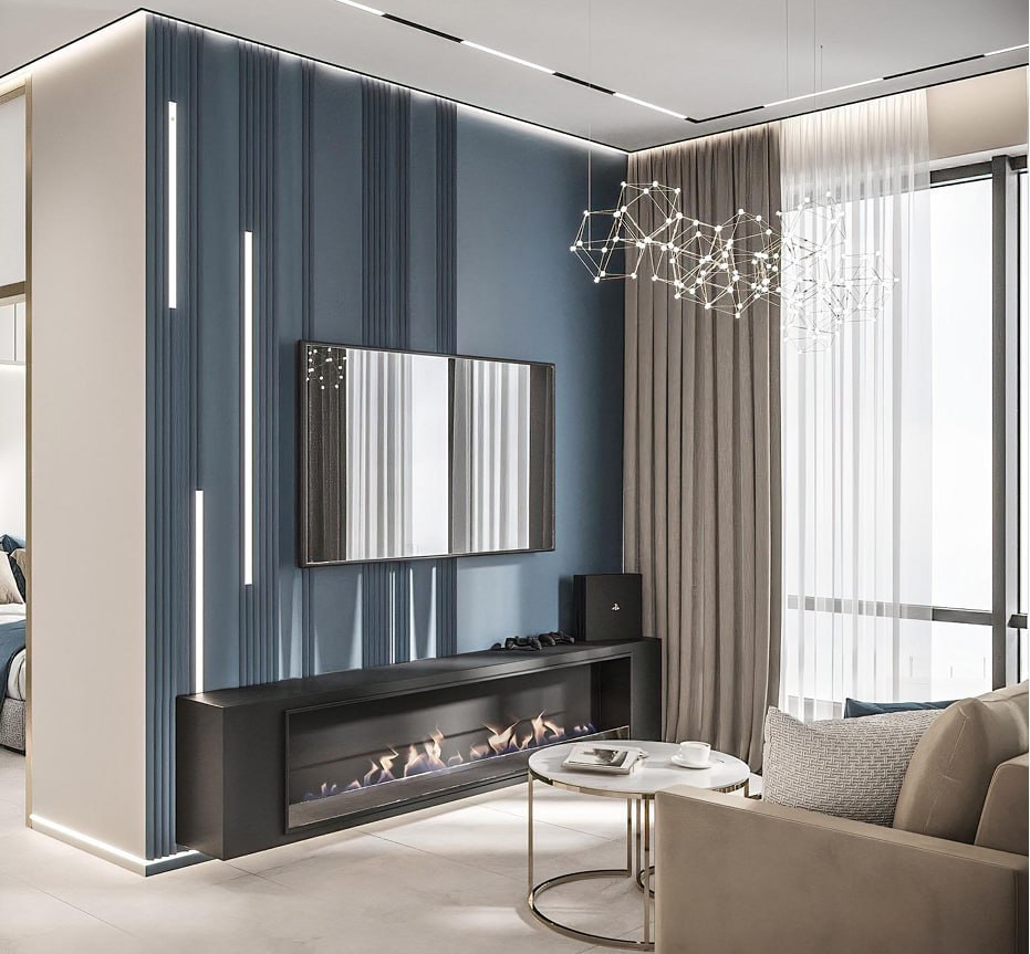 Стеновые панели с имитацией реек, подсветка в плинтусе и парящий потолок. Визуализация: Rerooms